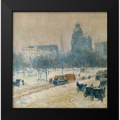 Winter in Union Square Black Modern Wood Framed Art Print by Hassam, Childe