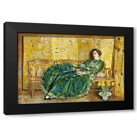 April The Green Gown Black Modern Wood Framed Art Print with Double Matting by Hassam, Childe