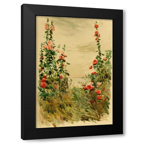 Hollyhocks Black Modern Wood Framed Art Print with Double Matting by Hassam, Childe