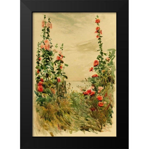 Hollyhocks Black Modern Wood Framed Art Print by Hassam, Childe