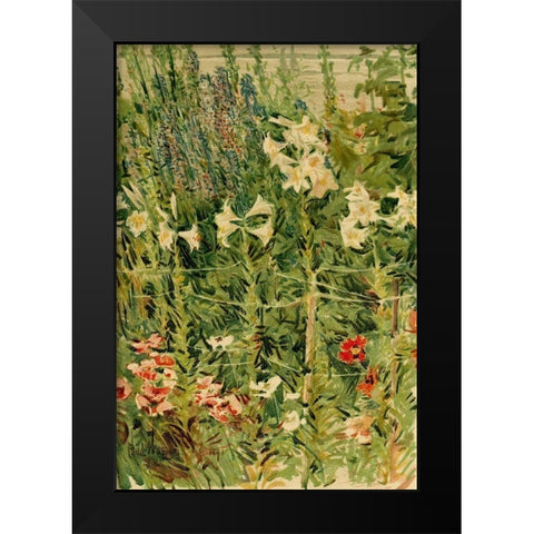 Larkspurs and Lilies Black Modern Wood Framed Art Print by Hassam, Childe