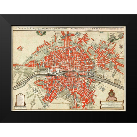 Map of Paris-France Black Modern Wood Framed Art Print by Delisle, Guillaume