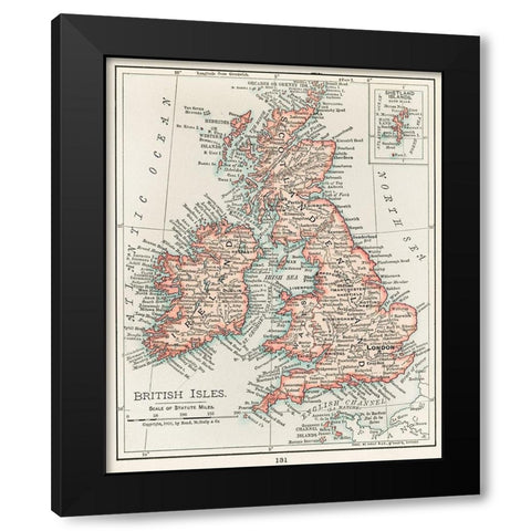 A cartographic map of the British Isles Black Modern Wood Framed Art Print with Double Matting by Vintage Maps