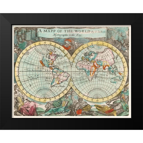 A mapp of the world 1682 Black Modern Wood Framed Art Print by Playford, John