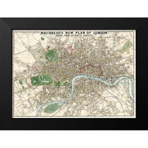 Whitbreads new plan of London drawn from authentic survey 1853 Black Modern Wood Framed Art Print by Whitbread, J