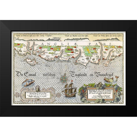 Map of the South England coast between the Isle of Wight and Dover Black Modern Wood Framed Art Print by Doetechum, Joannes van