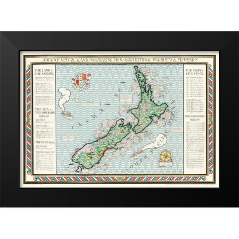 A Map of New Zealand 1913 Black Modern Wood Framed Art Print by Gil, MacDonald