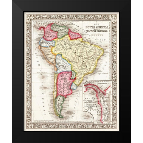 Map of South America 1863 Black Modern Wood Framed Art Print by Mitchell, Samuel Augustus
