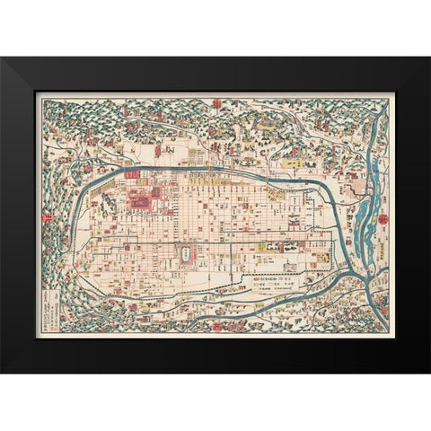 Map of Kyoto 1863 Black Modern Wood Framed Art Print by Kahei, Takebara