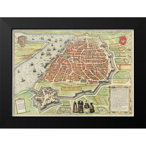 View of Antwerp from Braun and Hogenbergs Civitates Orbis Terrarum Black Modern Wood Framed Art Print by Hoefnagel, Joris