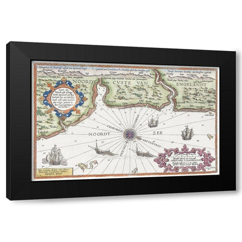 Map of the north coast of England at Newcastle upon Tyne 1583 Black Modern Wood Framed Art Print with Double Matting by Doetechum, Joannes van