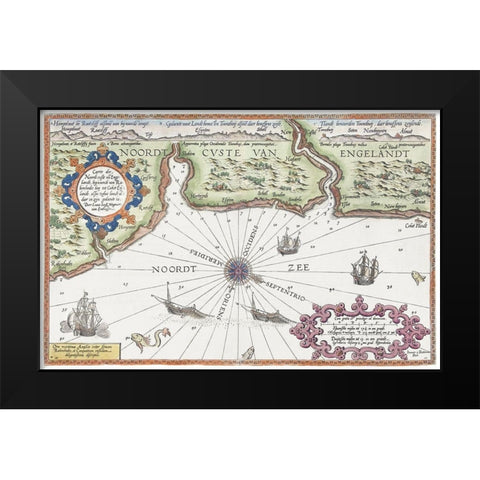 Map of the north coast of England at Newcastle upon Tyne 1583 Black Modern Wood Framed Art Print by Doetechum, Joannes van