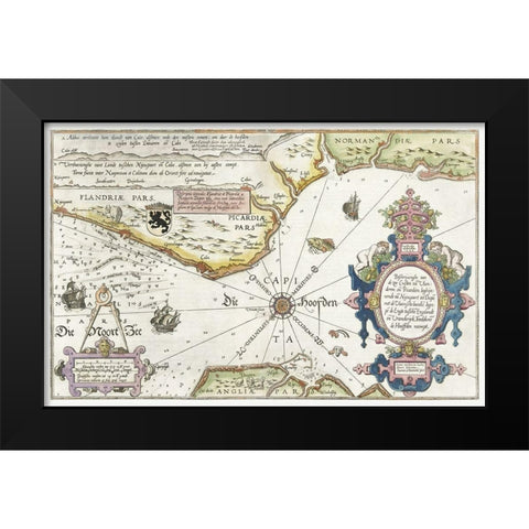 Map of the coasts of Flanders-Normandy and England 1581 Black Modern Wood Framed Art Print by Doetechum, Joannes van