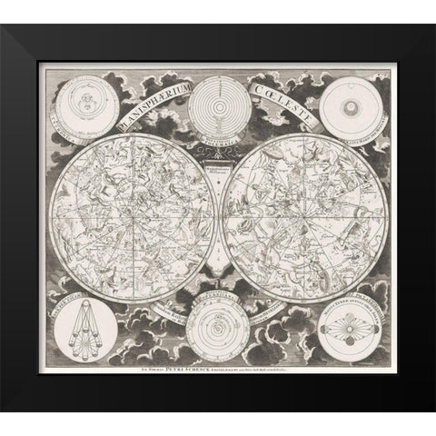 Sky map showing the northern and southern constellations 1705 Black Modern Wood Framed Art Print by Schenk, Pieter