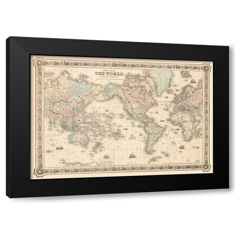 Coltons Map of the World on Mercators Projection 1858 Black Modern Wood Framed Art Print with Double Matting by J H Colton and Co
