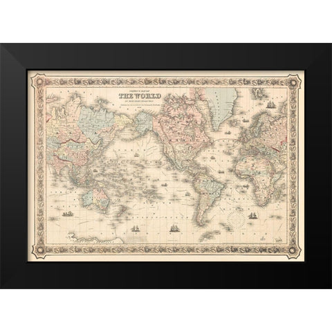 Coltons Map of the World on Mercators Projection 1858 Black Modern Wood Framed Art Print by J H Colton and Co