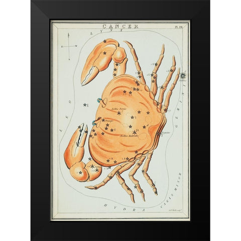 Astronomical chart illustration of the cancer zodiac Black Modern Wood Framed Art Print by Hall, Sidney