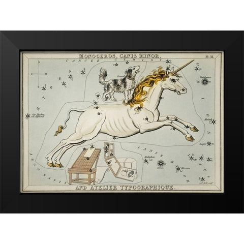 Astronomical chart illustration of the Monoceros-Canis Minor and the Atelier Typographique Black Modern Wood Framed Art Print by Hall, Sidney