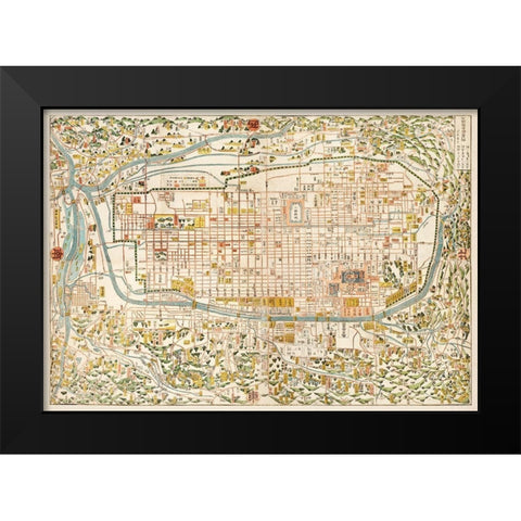 Map of Kyoto 1863 Black Modern Wood Framed Art Print by Kahei, Takebara