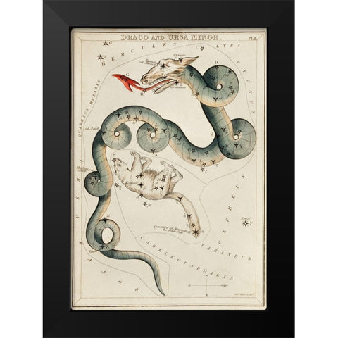 Astronomical chart illustration of the Draco and the Ursa Minor Black Modern Wood Framed Art Print by Hall, Sidney