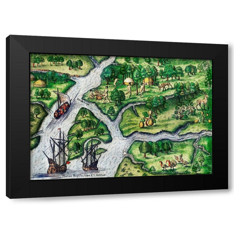 Port Royal-South Carolina illustration from Grand voyages 1596 Black Modern Wood Framed Art Print by Bry, Theodor de