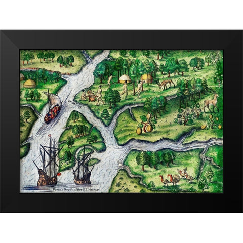 Port Royal-South Carolina illustration from Grand voyages 1596 Black Modern Wood Framed Art Print by Bry, Theodor de