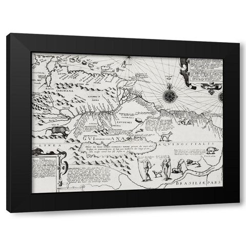 America map from Grand voyages 1596 Black Modern Wood Framed Art Print by Bry, de Theodor