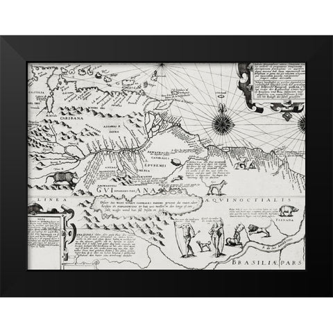 America map from Grand voyages 1596 Black Modern Wood Framed Art Print by Bry, de Theodor