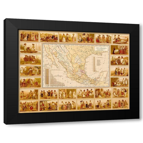 Ethnographic Map of Mexico Black Modern Wood Framed Art Print with Double Matting by Vintage Maps