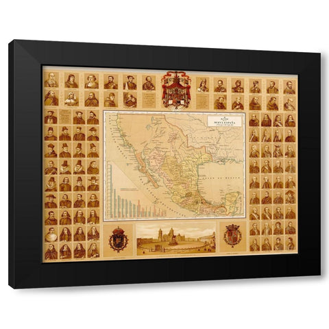 Map of Leaders in New Spain through History Black Modern Wood Framed Art Print by Vintage Maps