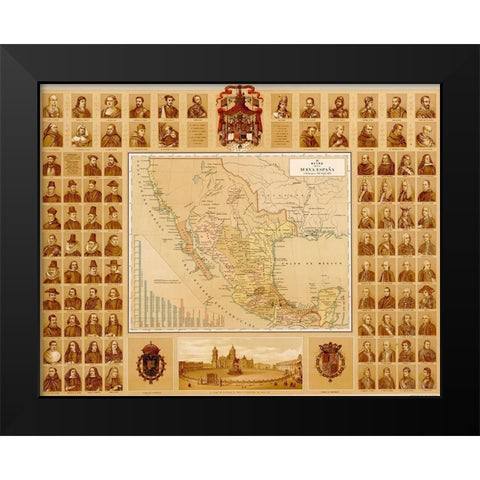 Map of Leaders in New Spain through History Black Modern Wood Framed Art Print by Vintage Maps