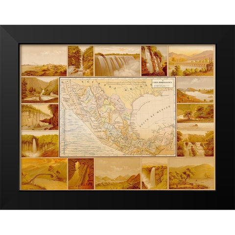 Waterfalls and Dams in Mexico Black Modern Wood Framed Art Print by Vintage Maps