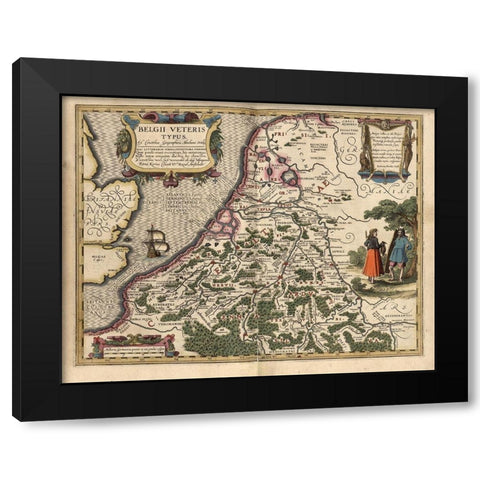 Belgium Black Modern Wood Framed Art Print with Double Matting by Vintage Maps