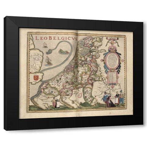 Netherlandic Lion Black Modern Wood Framed Art Print with Double Matting by Vintage Maps