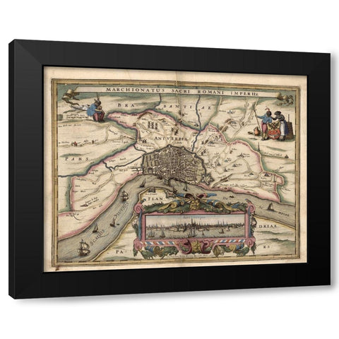 Map of Antwerp Belgium Black Modern Wood Framed Art Print with Double Matting by Vintage Maps