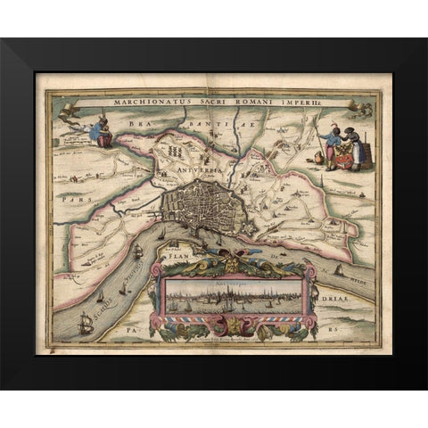 Map of Antwerp Belgium Black Modern Wood Framed Art Print by Vintage Maps