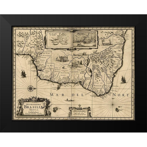 Brazil 1630 Black Modern Wood Framed Art Print by Vintage Maps