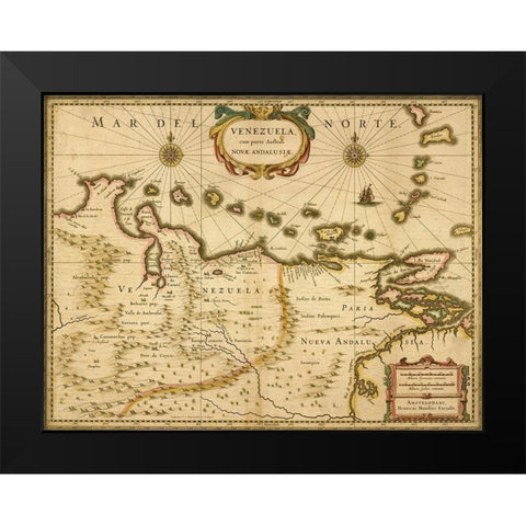 Venezuela 1630 Black Modern Wood Framed Art Print by Vintage Maps