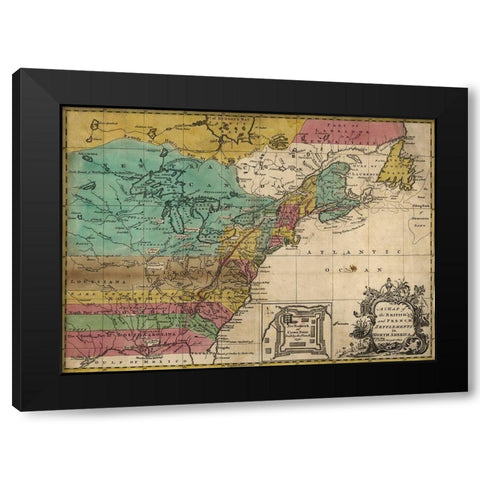 Map of British and French Settlements in America 1755 Black Modern Wood Framed Art Print with Double Matting by Vintage Maps