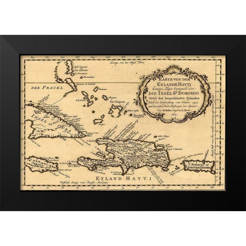 Haiti Santo Domingo and Hispaniola 1754 Black Modern Wood Framed Art Print by Vintage Maps