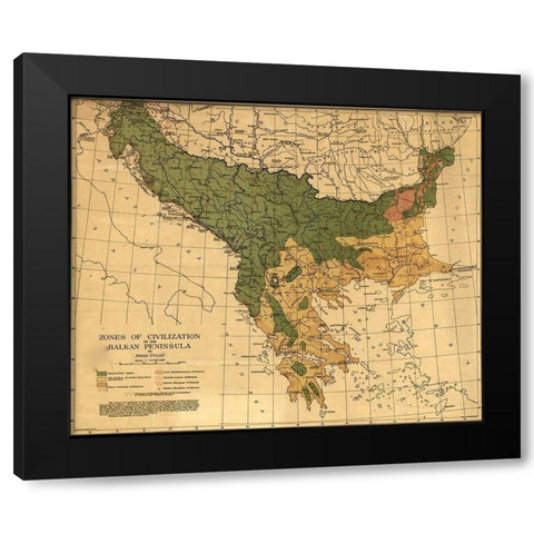 Balkan Zones of Civilization 1918 Black Modern Wood Framed Art Print with Double Matting by Vintage Maps