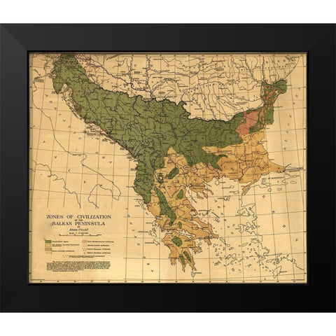 Balkan Zones of Civilization 1918 Black Modern Wood Framed Art Print by Vintage Maps