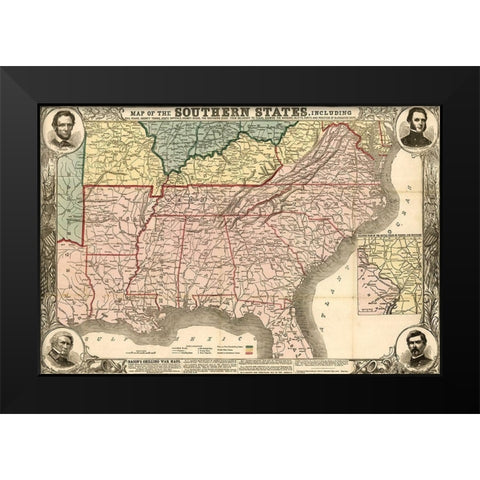 Southern States During the Rebellion 1863 Black Modern Wood Framed Art Print by Vintage Maps