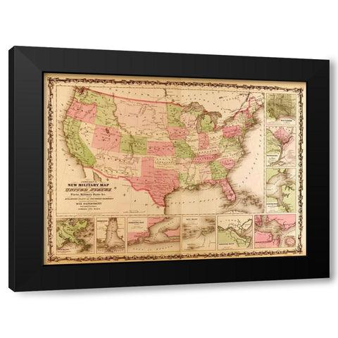 Military Map of the United states 1863 Black Modern Wood Framed Art Print by Vintage Maps