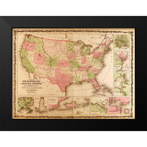 Military Map of the United states 1863 Black Modern Wood Framed Art Print by Vintage Maps