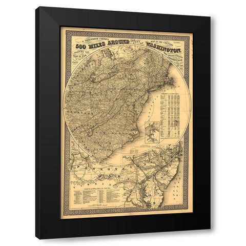 500 Miles Around Washington DC  Black Modern Wood Framed Art Print with Double Matting by Vintage Maps