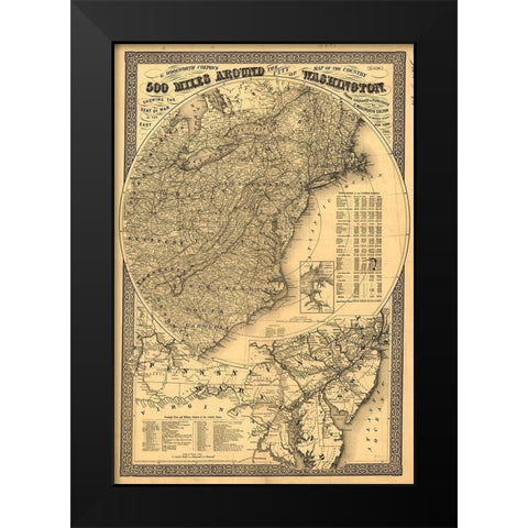 500 Miles Around Washington DC  Black Modern Wood Framed Art Print by Vintage Maps