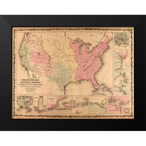 Military Map of the United States 1862 Black Modern Wood Framed Art Print by Vintage Maps