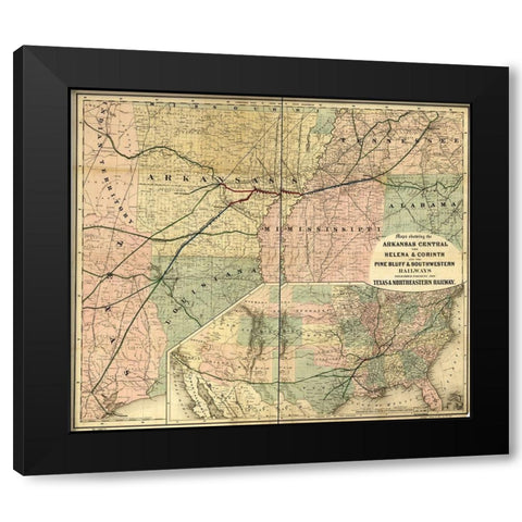 Arkansas Central 1872 Black Modern Wood Framed Art Print with Double Matting by Vintage Maps