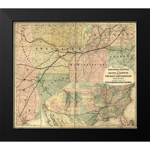 Arkansas Central 1872 Black Modern Wood Framed Art Print by Vintage Maps